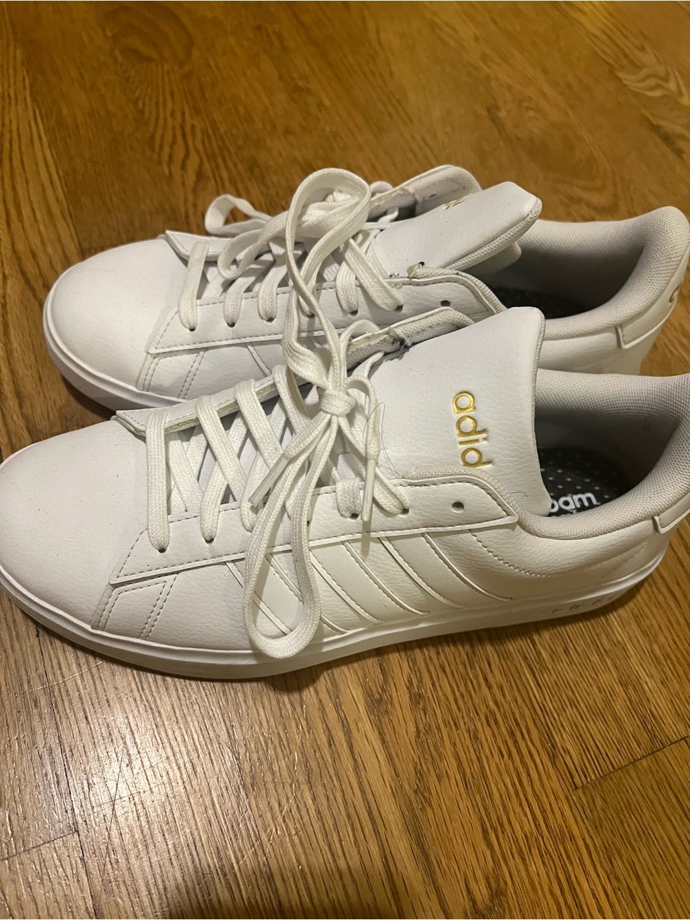 adidas White Leather Low-Top Sneakers with Gold Logo Accent